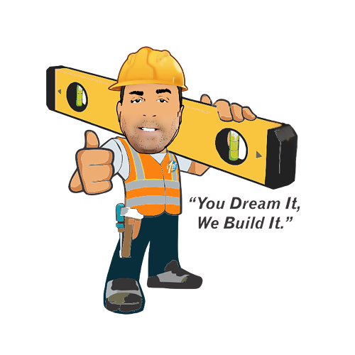 MG Builders mascot holding a level: You Dream It, We Build It.